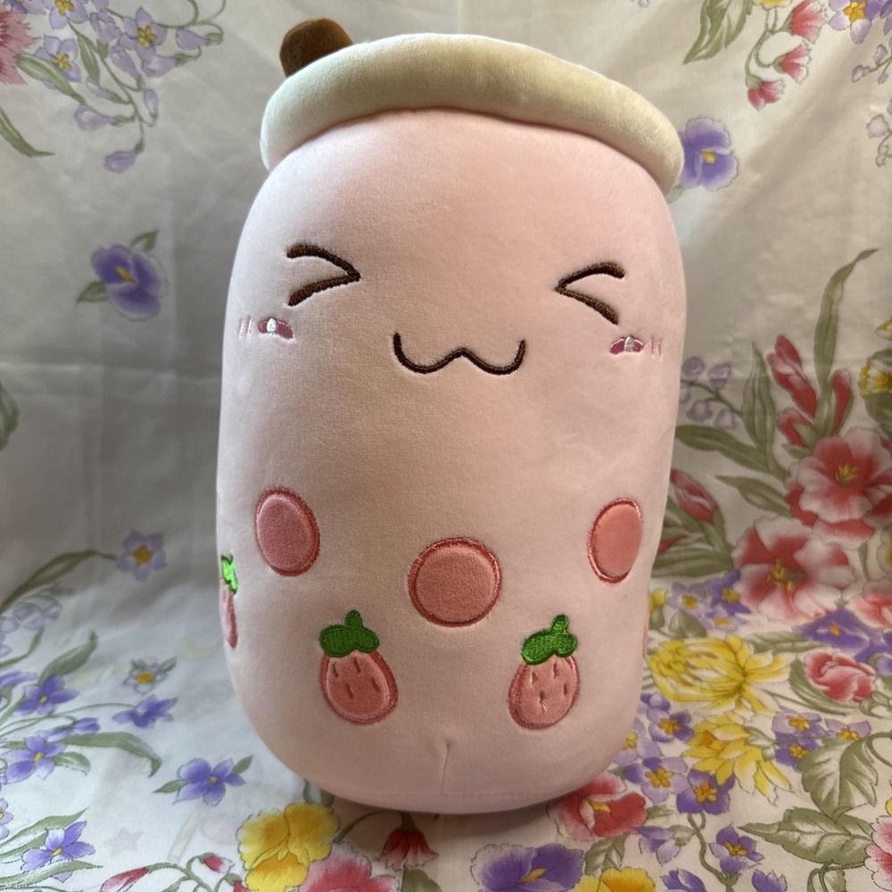 Boba Plush Bubble Milk Tea Pink Strawberry With Straw Silly Face 8"
